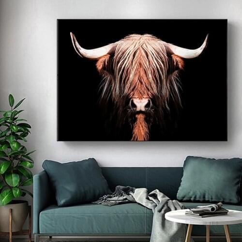 Highland Cow Wall Art Abstract Canvas Painting Minimalism Shaggy Yak Cow Prints Animal Printable Bull Poster for Living Room