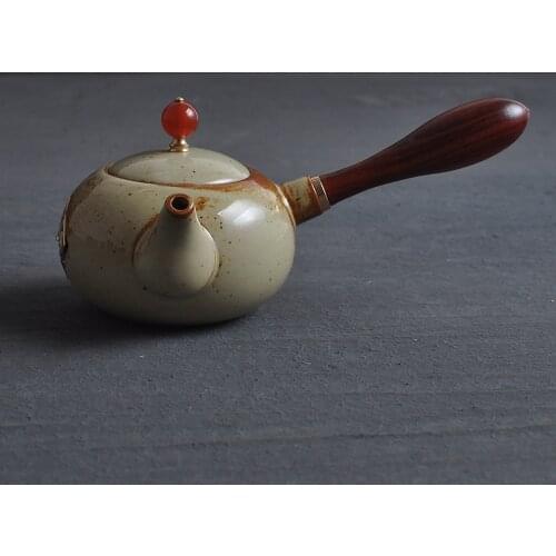 Retro style Dehua Ceramic porcelain Teapot tea (210ml),side wood Handle,Japanese style creative flower inlaid kungfu tea Teapot