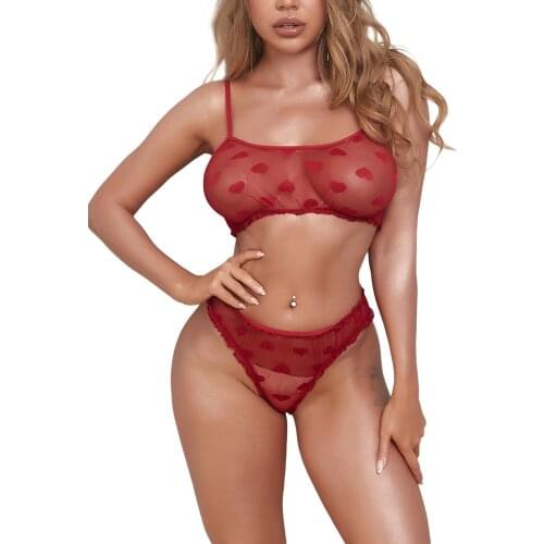 2Pcs Women Lingerie Set, Heart Print Sheer Spaghetti Strap Vest Tops + Low-Waist Briefs For Girls, Red New Fashion 2021