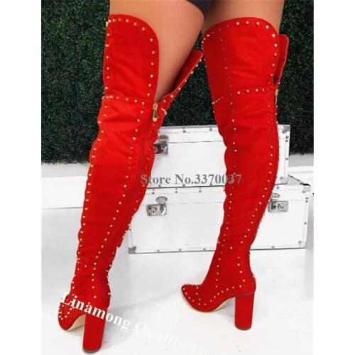 Linamong Newest Sexy Pointed Toe Over Knee Chunky Heel Rivet Boots Red Black Leopard Suede Leather Long Thick High Heel Boots