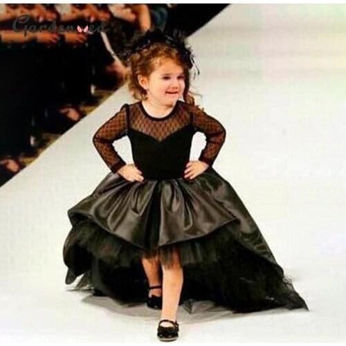 Fashion Ball Gown Girls Party Dress Illusion Sleeves Button Back Girl Communion Dress High Low Baby Girl Dress 2021