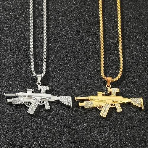 Fashion Hip Hop Iced Out Bling Submachine Gun Pendant Necklace Men Women Choker Rapper Street Dance Party Accessories Gifts