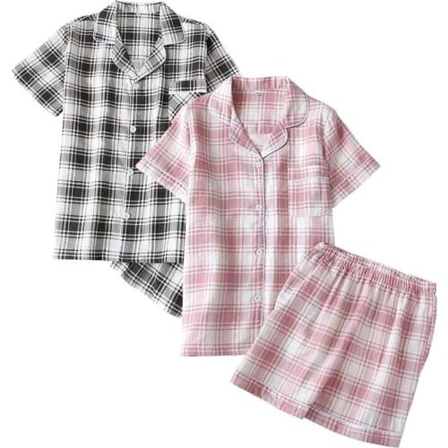 Men And Women Lovers Pajamas Set Comfort Gauze Cotton Plaid Sleepwear Summer New Loose Short Sleeve Sleepwear Couples Homewear
