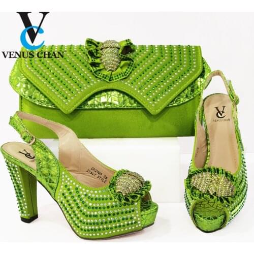 The Green Color New Italian Design Fashion Party Elegant Women Shoes and Bag 2021 Nigerian Set Decorated With Rhinestone Mixing
