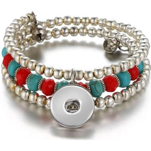 New SG0163 Fashion 3 layers turquoises&Silver plated beads beauty snap Bracelet bangle fit 18MM snap button jewelry wholesale