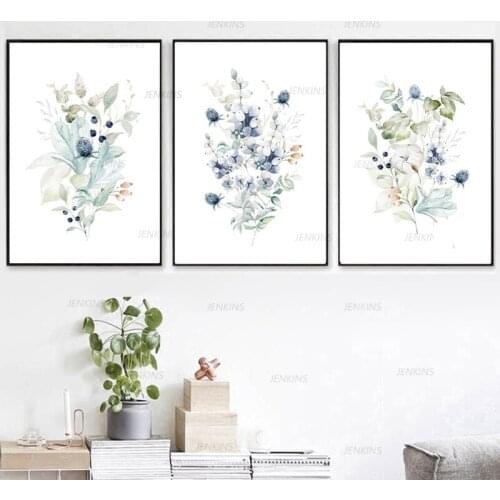 Canvas Prints Blue Flower Watercolor Painting Wildflower Bouquet Floral Plants Posters Wall Pictures for Living Room Decoration