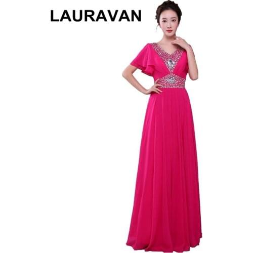 Hot pink fuchsia yellow mother of the bride v-neck floor length dresses capped sleeve dress with cap sleeve beads rhinestones