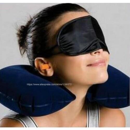 Lowest Price 50 sets/lot Black Travel Neck Inflatable Air Pillow + Eye Mask + 2 Ear Plugs