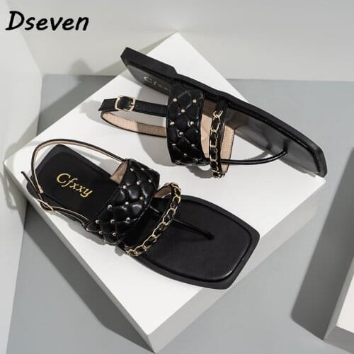 Women Sandals Chain Flat Heel Female Sandals Casual Square Toe Flip Flops Summer Outdoor Beach Shoes Ladies Sandals sandalias