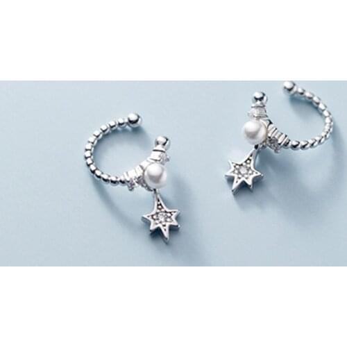 Real 925 Sterling Silver Zircon Star Clip Earrings For Fashion Women Party Pearl Fine Jewelry Bohemian Accessories Gift