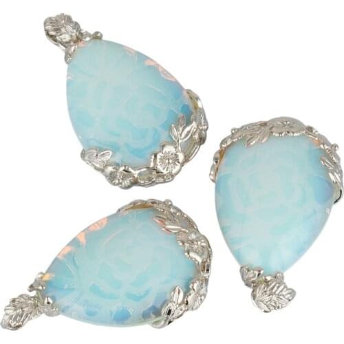 SUNYIK Opal Opalite Stone Teardrop Inlaid Flower Healing Crystal Pendant Fit Necklace