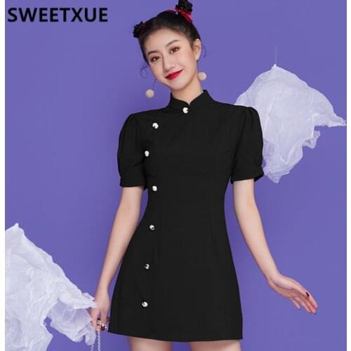 SWEETXUE Improved Red Cheongsam Dress Lolita Puff Sleeve Chinese Style Solid Color Dress 2021 Summer New
