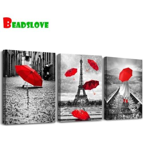 Three pieces Full round diamond painting Red Umbrella Paris tower view diamond painting cross stitch kit room decoration gift