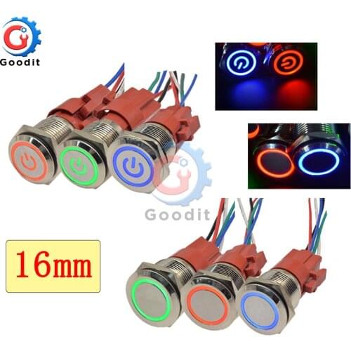 16mm flat Round head Waterproof Momentary Metal Push Button Switch LED Light Car Horn Auto Reset switches Power Self-Recovery