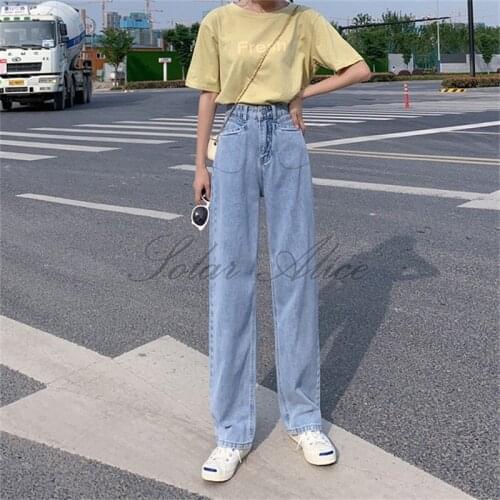 Free shipping womens 2020 spring and autumn new high waist straight jeans light blue quality loose trousers