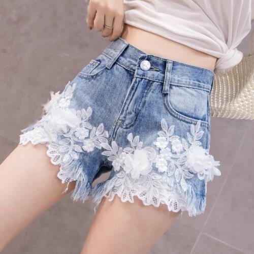 2020 Summer Women Ladies Ripped Tassel Embroidery Applique Flower Denim Shorts , Korean Woman Fashion Wide Leg Jeans Shorts