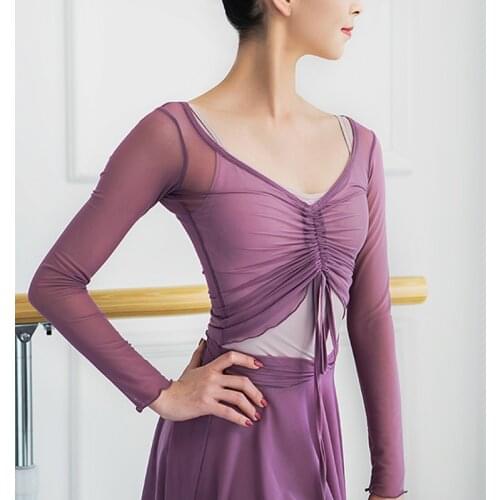 Ballet dance top women mesh T shirt drawstring crop tops long sleeve latin dance T shirt sheer women dance clothing ballet tops