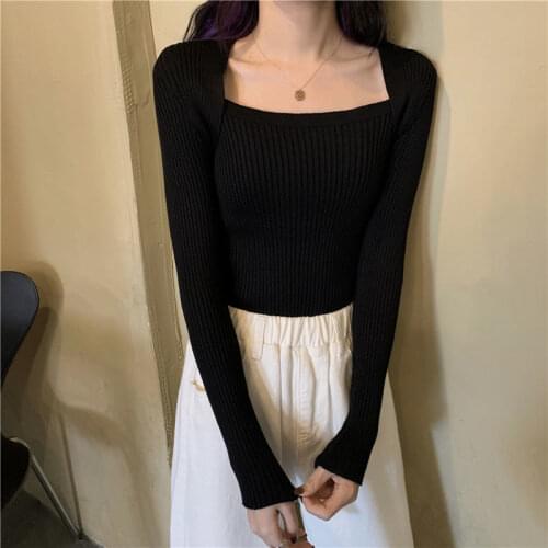 Woman Sweaters Square Collar Knitwear Womens Autumn Winter Fashion Slim Fit Underwear Long Sleeved Top