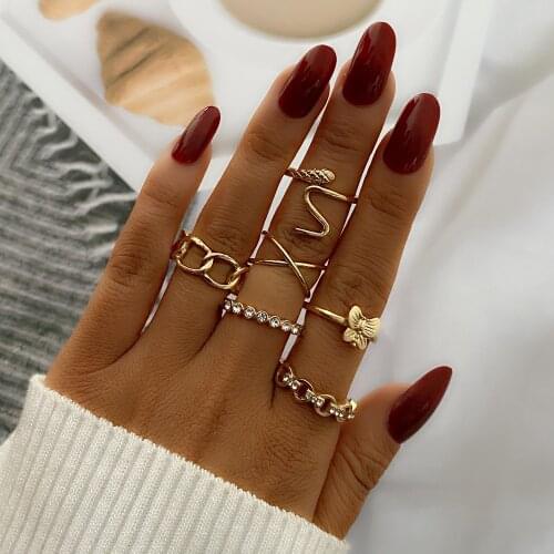 6 Pcs/Set Vintage Metal Hollow Carved Zircon Rings for Women Alloy Gold Silver Color Butterfly Ring Set Party Jewelry Gifts
