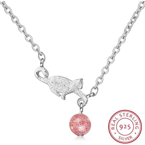 New Fashion Temperament Cute Animal Cat 925 Sterling Silver Jewelry Sweet Strawberry Crystal Cat Pendant Necklaces H343
