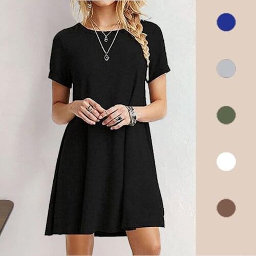 Women Casual Dress O-Neck Elegant Solid Color Short Sleeve Ladies Dress Casual Loose Dress Summer 6 Colors
