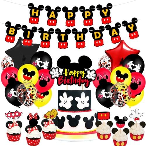 1set Mickey Mouse Theme Cake Topper Banner Balloon Set Minnie Mickey Childrens Happy Birthday Party Decoration Supplies
