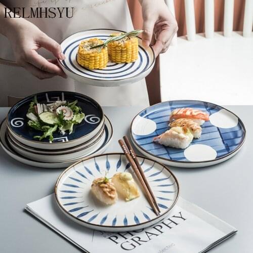 1PC RELMHSYU Japanese Style Ceramic Qingyao Series Round Steak Western Food Dinner Plate Disc Household Tableware
