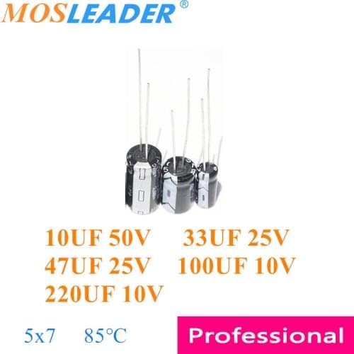 Mosleader 1000pcs 5x7 10UF 50V 33UF 25V 47UF 25V 100UF 10V 220UF 10V 5x7 85℃ DIP Through Hole Aluminum electrolytic capacitor
