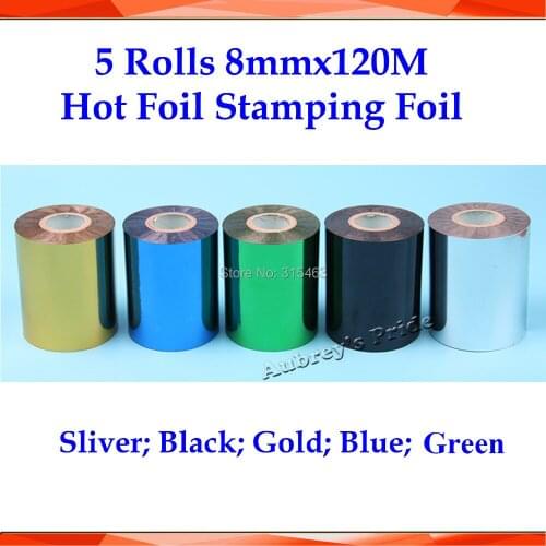 5Rolls 5 Color 80mmx120M Silver Black Gold Green Blue Hot Stamping Foil Heat Transfer Napkin Gilding PVC business Card Emboss