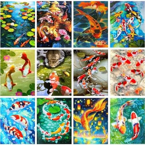 Full Round Drill 5D DIY Diamond Painting "Fish And Lotus Leaf" Cyprinus Carpio Lucky Embroidery Cross Stitch Home Decor Gift