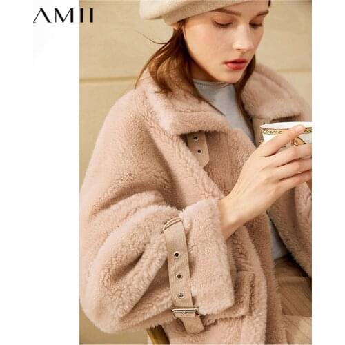 Amii Minimalism Winter Coat Women 100% Fur Coat Fashion Lapel Thick Loose Zipper Womens Jacket Causal Female Coat 12030506