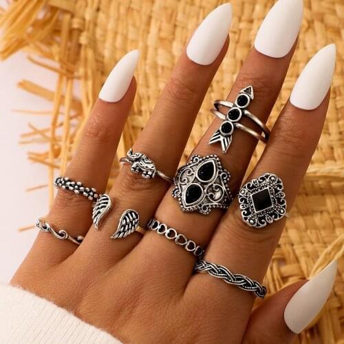 Docona 9pcs/set Retro Black Big Rhinestone Finger Ring Sets for Women Bohemia Elephant Angel Wings Female Jewelry Anillo 16714