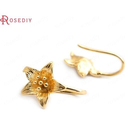 F073)10 pieces Height 15mm 24K Gold Color Brass Flower Shape Earrings Hooks High Quality Diy Accessories Jewelry Findings