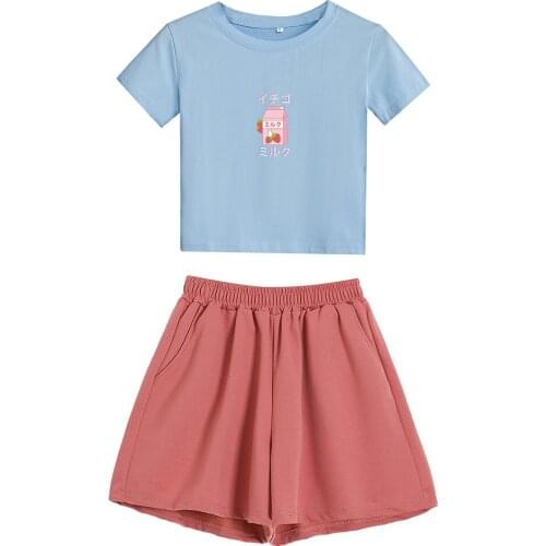 Japan Strawberry Juice Graphic Print T-shirt Cotton Women Summer Fashion Kawaii Tee Harajuku Aesthetic Female T Shirt Pant Sets