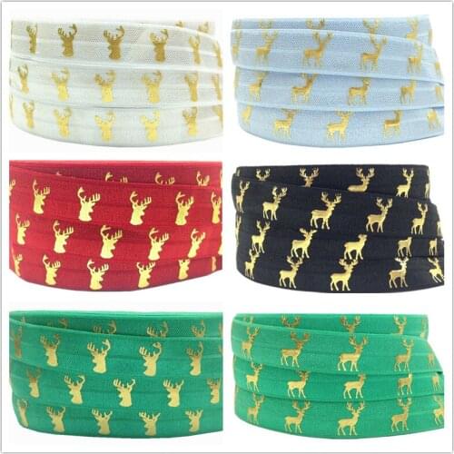 Hot Sale Gold Deer Elk Print Fold Over Elastic 5/8" Antlers FOE Elastic Ribbon for Hair Tie DIY Head wear Hair Accessory 10 yard