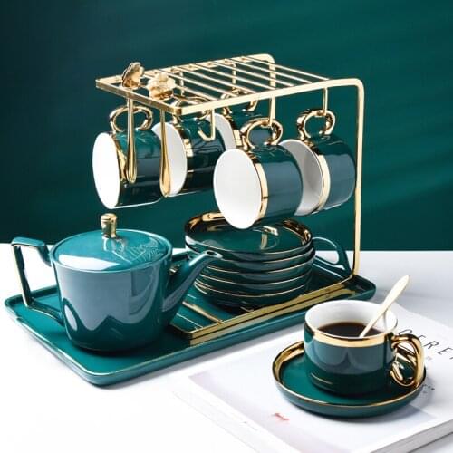 Classic Ceramic Coffee Cups Mugs Porcelain Square Tea Drinkware Spoon Saucer Set Golden Edges and Handles Creative Design