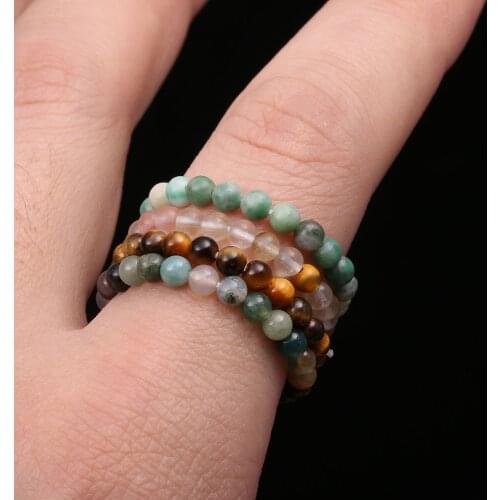 Natural Stone Beads Rings 3mm Crystal Round Strand Finger Ring Handmade Creative Band Ring Women Men Party Jewelry