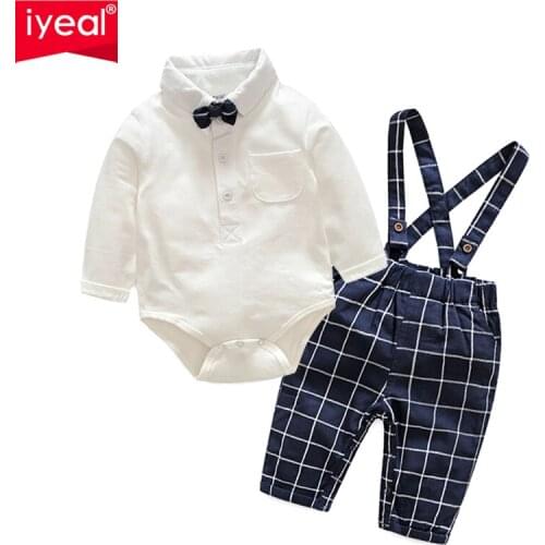 IYEAL Baby Boys Clothes Sets Bow Ties Long Sleeve Bodysuit + Suspenders Pants Toddler Boy Gentleman Outfits Suits(0-18Months)