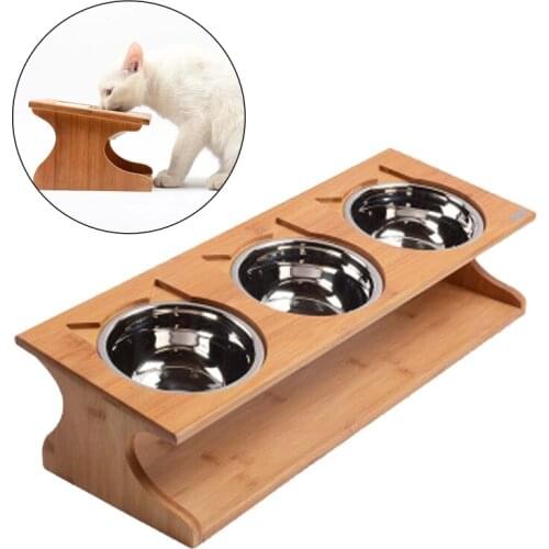 Pet Feeder Three Bowls Stainless Steel with Bamboo Frame Stand Dog Puppy Cat Kitten Food Water Dispenser Pet Feeding Supplies