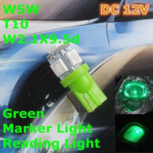12V LED Green Color Car Bulb Lamp T10(5*5050 SMD)W5W W2.1X9.5d for Signal Top Reading Width Light