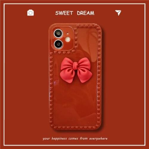 3D Red Bowknot Cute Phone Cases For Iphone 12 Mini 11 Pro Max XR XS 8 7 Plus Korea Protection Back Cover For SE 2020 Funda Case