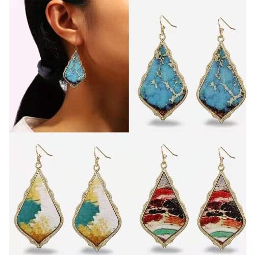 FashionBohemian Womens Earrings Retro Ethnic Style Drop-Shaped Oil Painting Artificial Leather Earrings 2021 Trend Party Gift