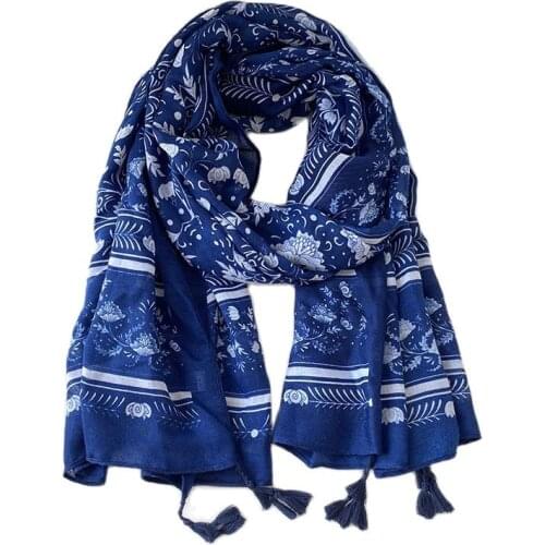 2021 Fashion Autumn Women Viscose Scarf Navy Blue Aztec Floral Beach Hijab Shawls and Wraps Female Foulards Echarpe Muslim Hijab