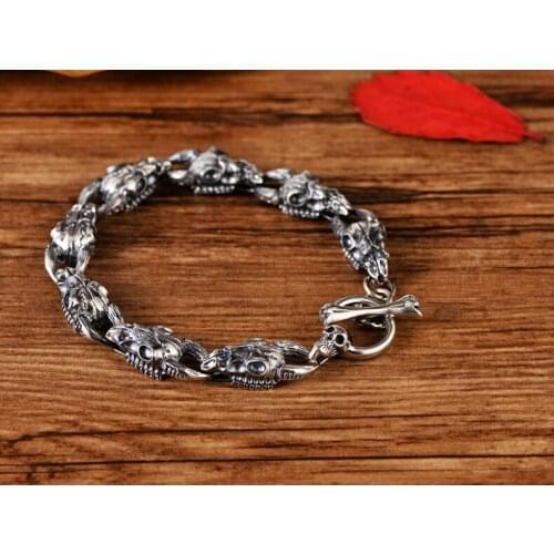 925 Sterling Silver Mens skull Punk Link chain bangle bracelet 23cm A3444