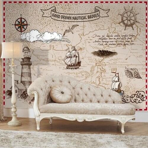 Custom Any Size Mural Wallpaper European Style Hand-painted Retro Nautical Sailboat Wallpaper Mural Background Papel De Parede