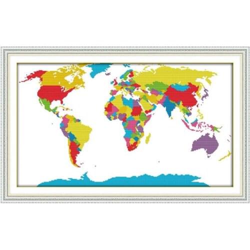 Cross Stitch Kits Joy Sunday Map of The World Counted 11CT 14CT Printed Stamped Fabric DIY Embroidery Needlework Home Decor Sets