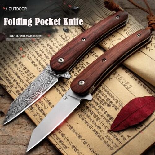 1PCS Damascus Folding Knife Cool D2 Pocket Survival Camping Hunting Knife Self Defense Weapons Multi-function Tool EDC Men Gift