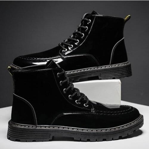 Autumn winter new mens casual shoes high-top leather shoes western tooling boots shiny leather Martin boots black ankle boots