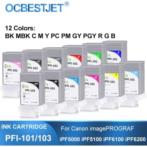 PFI-101 PFI-103 130ML Compatible Ink Cartridge With Full Ink For Canon imagePROGRAF iPF5000 iPF5100 iPF6100 iPF6200 12Colors/Set