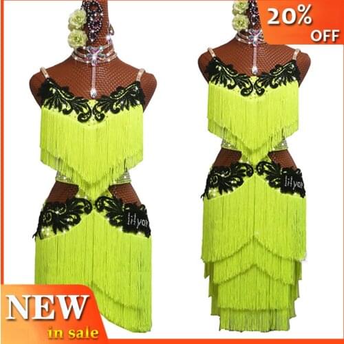 Sexy Latin Dance Dress Women Dancing Competition Fluorescent Yellow Tassels Skirt Performing Sexy Dress Rumba Latin Wear BL3004